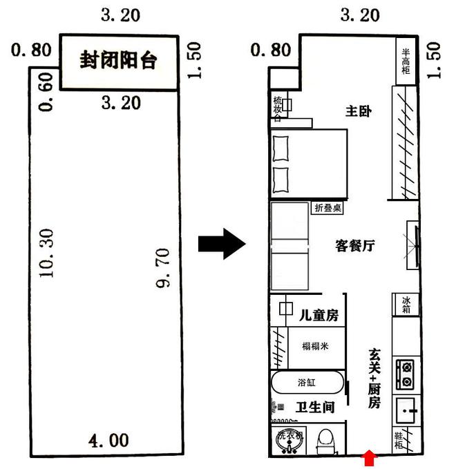 进门看见厨房餐厅风水 广西柳州68㎡套内面积44㎡，二手世界升级成3口之家